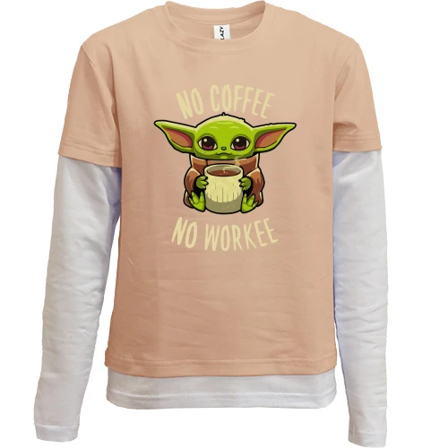Комбинированный детский лонгслив, черный, Baby Yoda No coffee No work