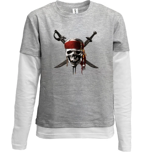 Комбинированный детский лонгслив, серый, Pirate skull