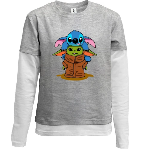 Комбинированный детский лонгслив, серый, Stitch and Baby Yoda