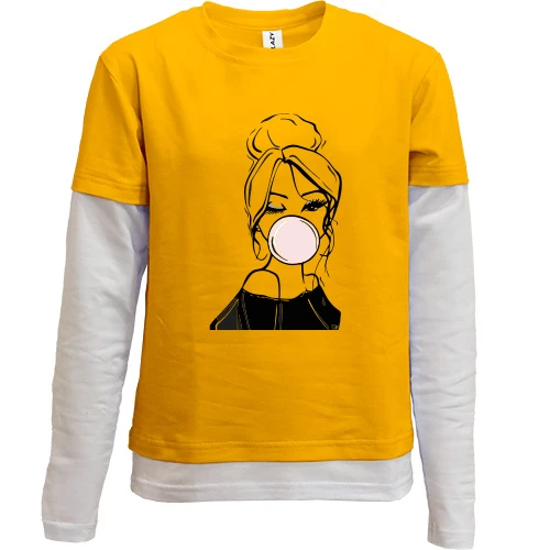 Комбинированный детский лонгслив, желтый, Girl with babble gum art