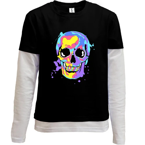 Комбинированный детский лонгслив, черный, Skull pop art