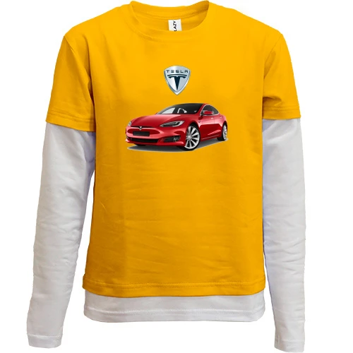Комбінований дитячий лонгслів, жовтий, Tesla Model S