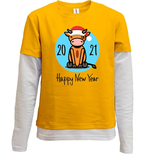 Комбинированный детский лонгслив, желтый, с бычком Happy New Year