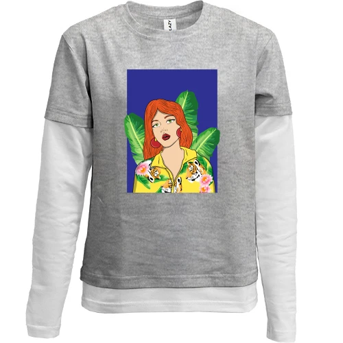 Комбинированный детский лонгслив, Серый, Redhead girl with leaves