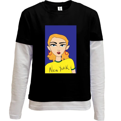 Комбінований дитячий лонгслів, Чорний, Blonde in a yellow t-shirt