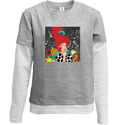 Комбинированный детский лонгслив, Серый, Redhead girl with flowers
