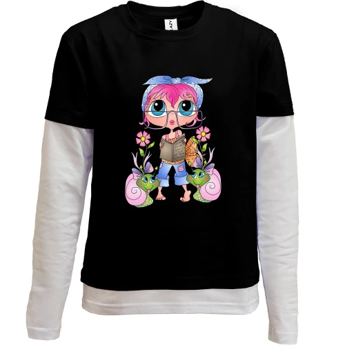 Комбінований дитячий лонгслів, Чорний, Girl with pink hair