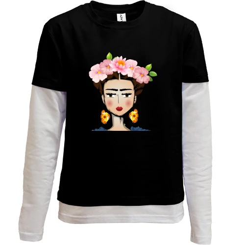 Комбинированный детский лонгслив, Черный, Girl with pink flowers