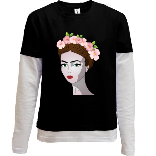 Комбинированный детский лонгслив, Черный, Girl with pink flowers 1