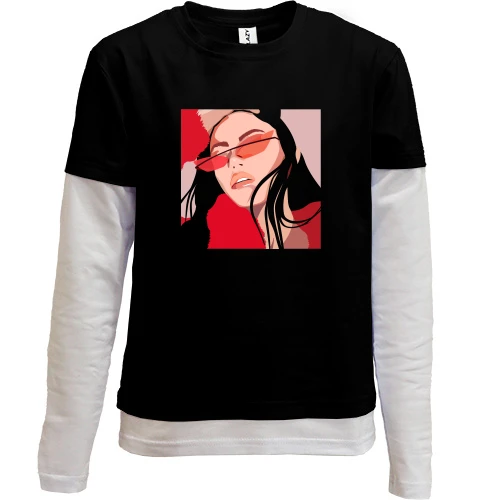 Комбінований дитячий лонгслів, Чорний, Girl with red glasses art