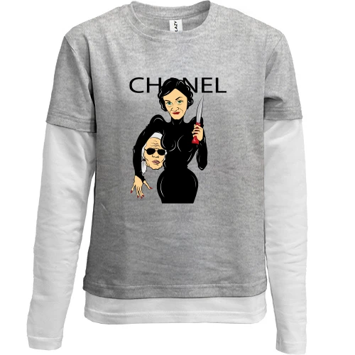 Комбинированный детский лонгслив, серый, Chanel woman with knife