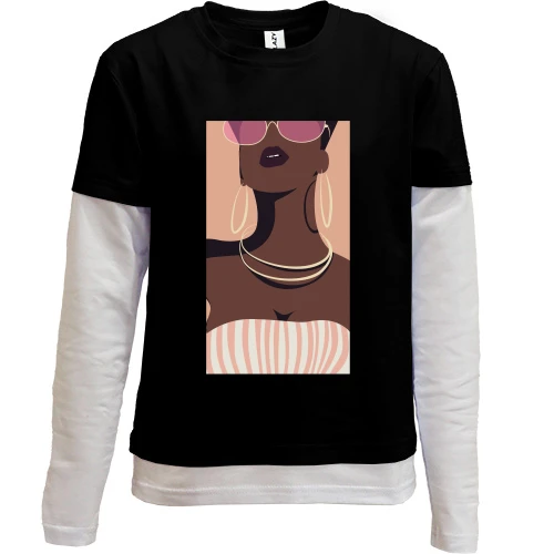Комбинированный детский лонгслив, Черный, Black girl with glasses