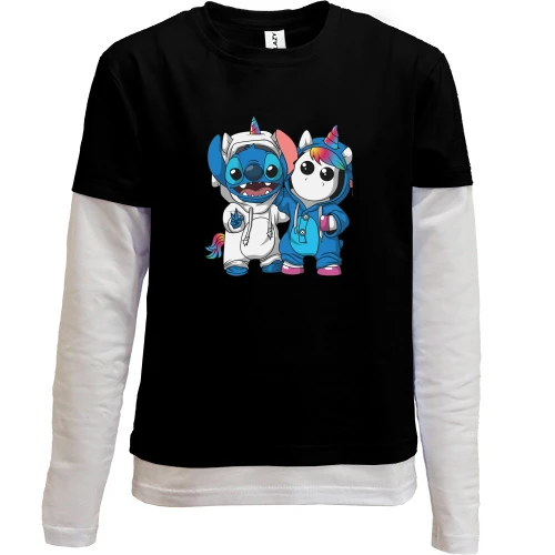 Комбинированный детский лонгслив, Черный, Stitch and unicorn