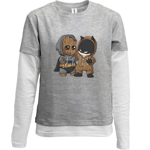 Комбінований дитячий лонгслів, Сірий, Baby groot and batman