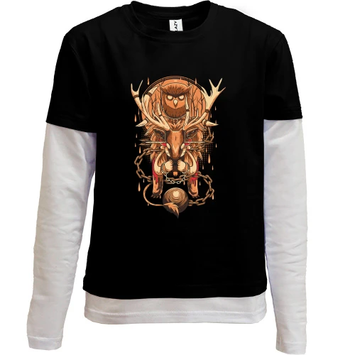 Комбінований дитячий лонгслів, Чорний, Owl and deer