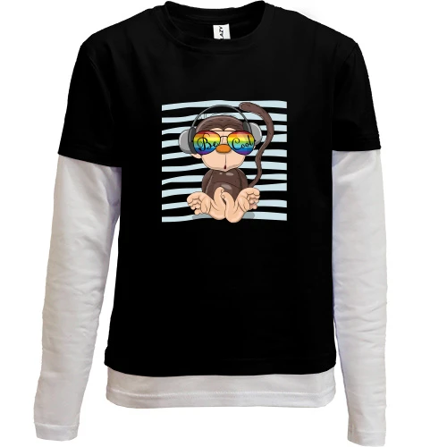 Комбинированный детский лонгслив, черный, Baby monkey with glasses