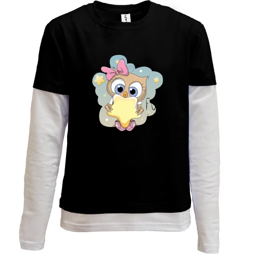 Комбінований дитячий лонгслів, Чорний, Baby owl with a star