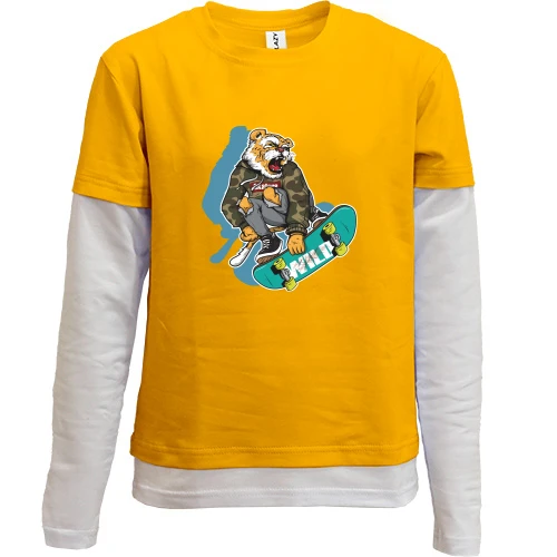 Комбинированный детский лонгслив, желтый, Tiger on skateboard