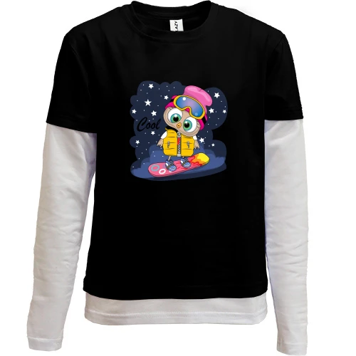 Комбинированный детский лонгслив, черный, Baby owl snowboard