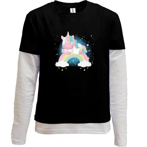 Комбинированный детский лонгслив, черный, Baby unicorn on a rainbow