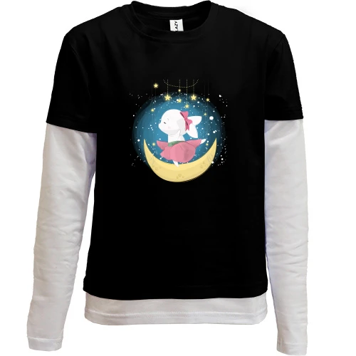 Комбинированный детский лонгслив, черный, Baby rabbit on the moon