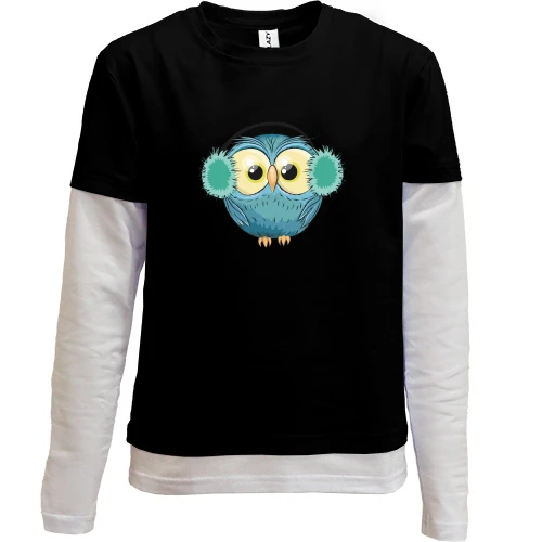 Комбінований дитячий лонгслів, Чорний, Owl in headphones