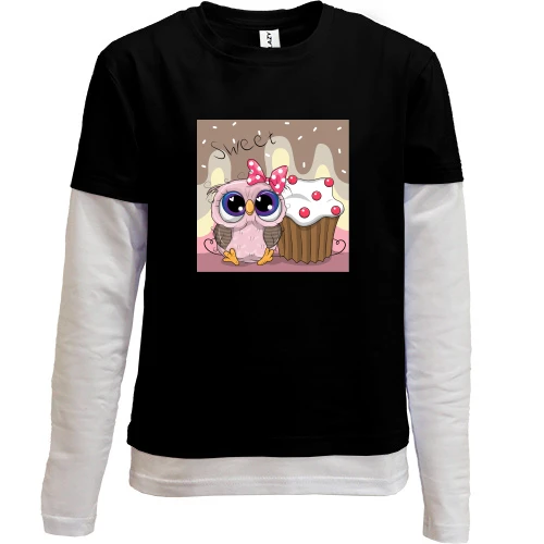 Комбинированный детский лонгслив, черный, Baby owl with cupcake