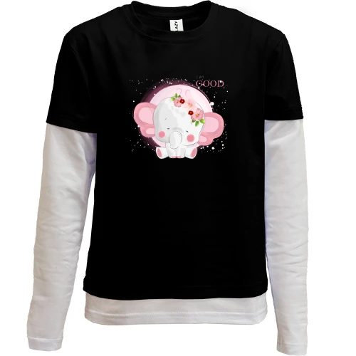 Комбинированный детский лонгслив, черный, Baby elephant pink