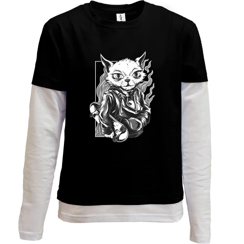 Комбинированный детский лонгслив, Черный, Cat with skate black and white