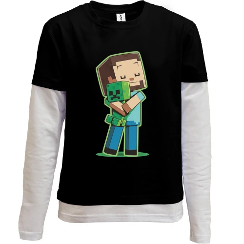 Комбинированный детский лонгслив, черный, Minecraft Boy with green doll