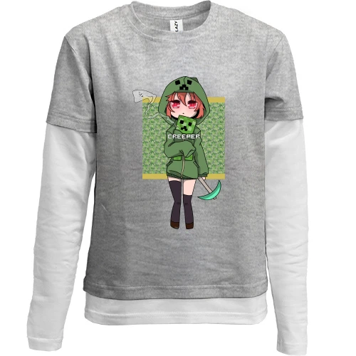 Комбинированный детский лонгслив, серый, Minecraft Girl