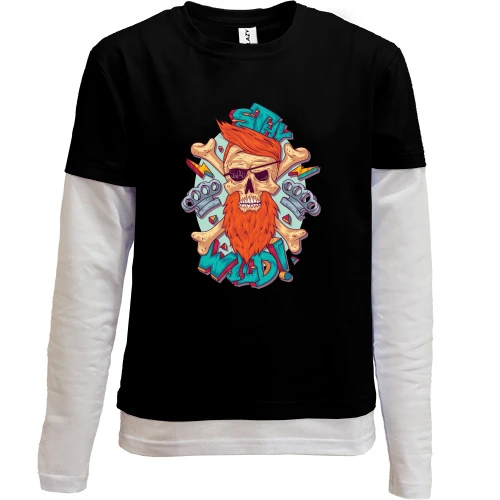 Комбинированный детский лонгслив, черный, Skull with a red beard