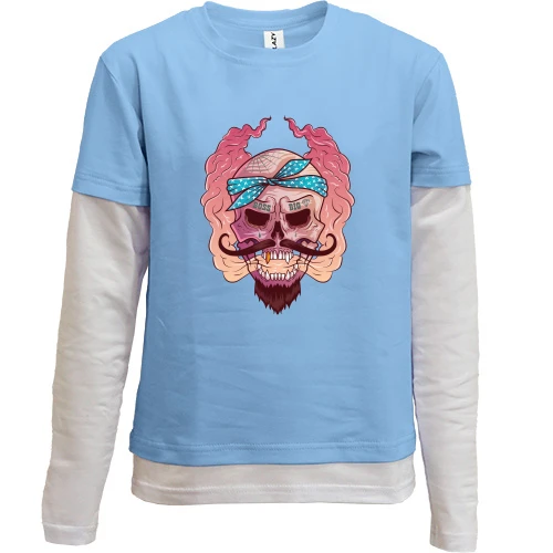 Комбінований дитячий лонгслів, Синій, Skull with mustache