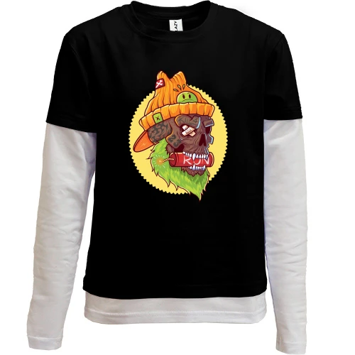 Комбинированный детский лонгслив, черный, Skull with dynamite