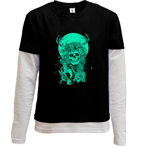 Комбинированный детский лонгслив, Черный, Green moon and skull