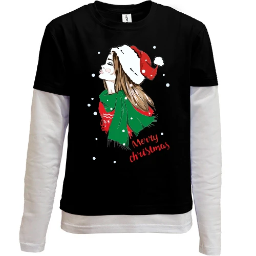 Комбинированный детский лонгслив, Черный, с девушкой Merry Christmas