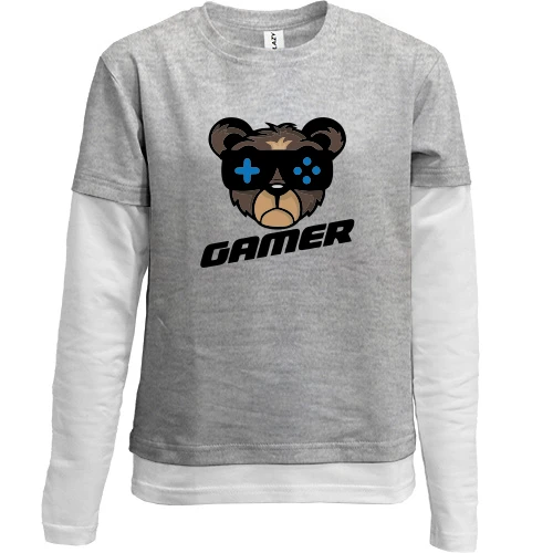 Комбинированный детский лонгслив, серый, Bear gamer