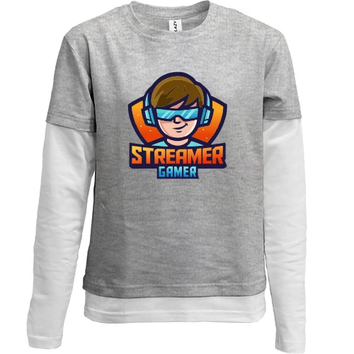 Комбинированный детский лонгслив, серый, Streamer gamer