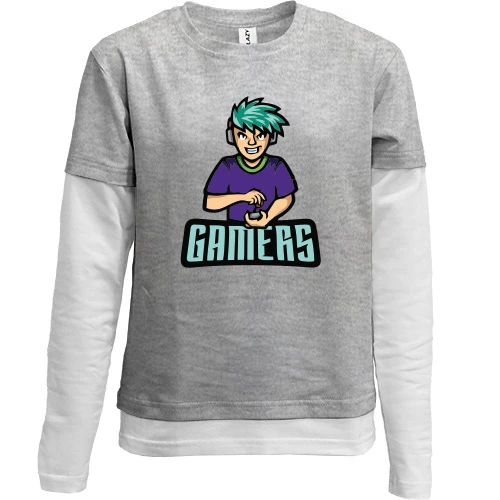 Комбинированный детский лонгслив, серый, Gamers