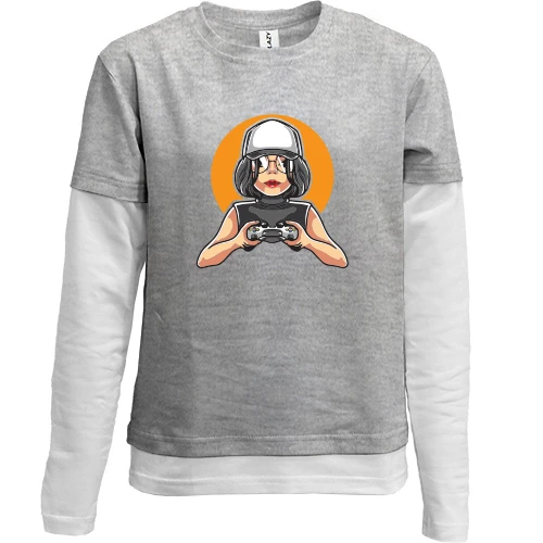 Комбинированный детский лонгслив, серый, Gamer girl