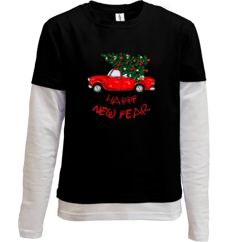 Комбинированный детский лонгслив, Черный, Happy Ney Year red car