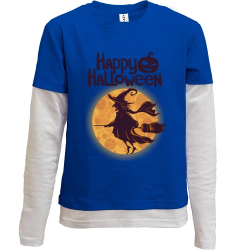 Комбинированный детский лонгслив, синий, с ведьмой на метле "Happy Halloween"