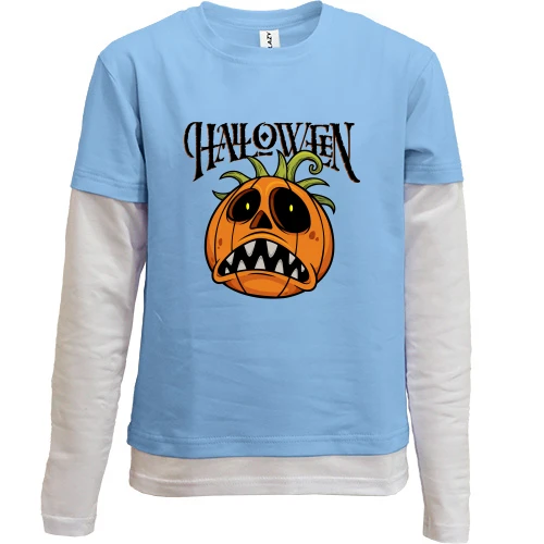 Комбинированный детский лонгслив, синий, с зубастой тыквой "Halloween"