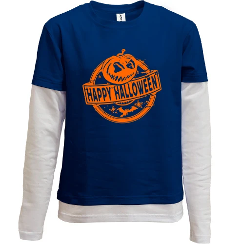 Комбинированный детский лонгслив, синий, "Happy Halloween" с тыквой в круге