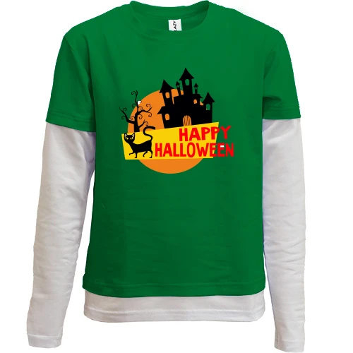 Комбинированный детский лонгслив, зеленый, с чёрным котом и замком "Happy Halloween"