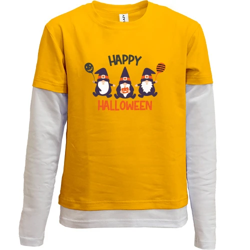 Комбинированный детский лонгслив, желтый, с гномами "Happy Halloween"