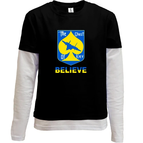 Комбинированный детский лонгслив, Черный, The Ghost of Kyiv Believe
