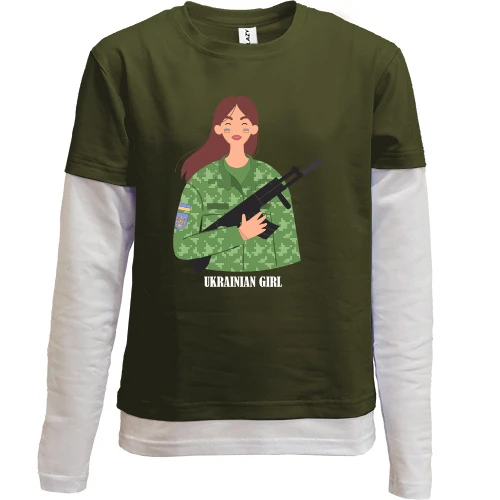 Комбинированный детский лонгслив, Хаки, Ukrainian girl (Military)