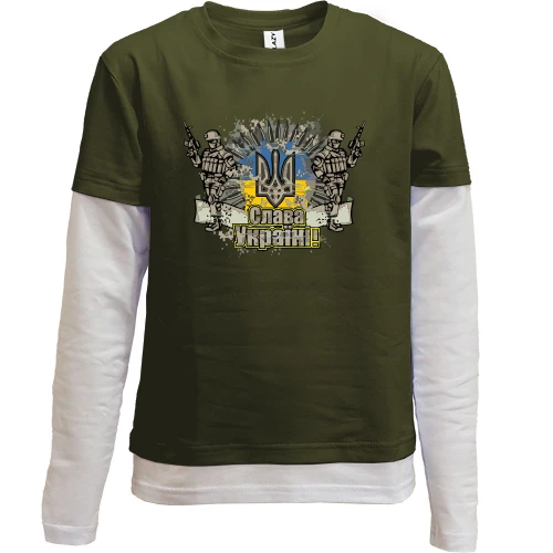 Комбінований дитячий лонгслів, Хакі, Слава Україні (піксель арт)