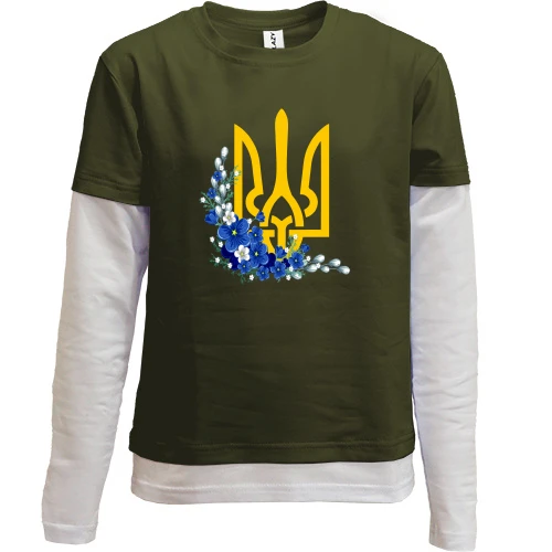 Комбинированный детский лонгслив, хаки, с гербом Украины в цветах